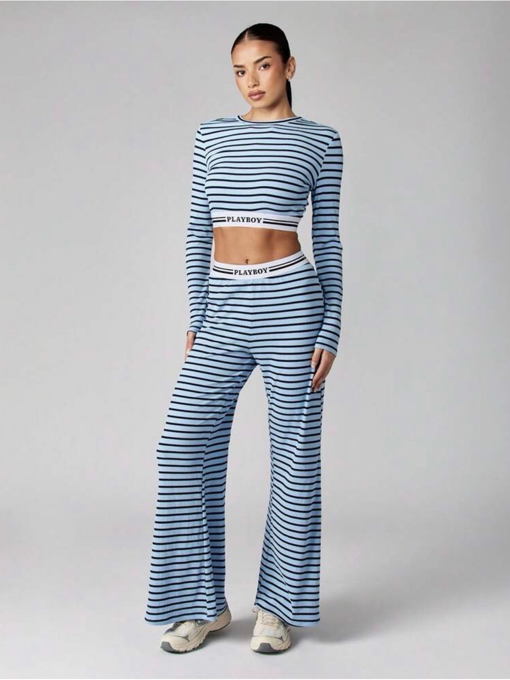 PLAYBOY Light Blue and Navy Striped Wide-Leg Pants and crop top set